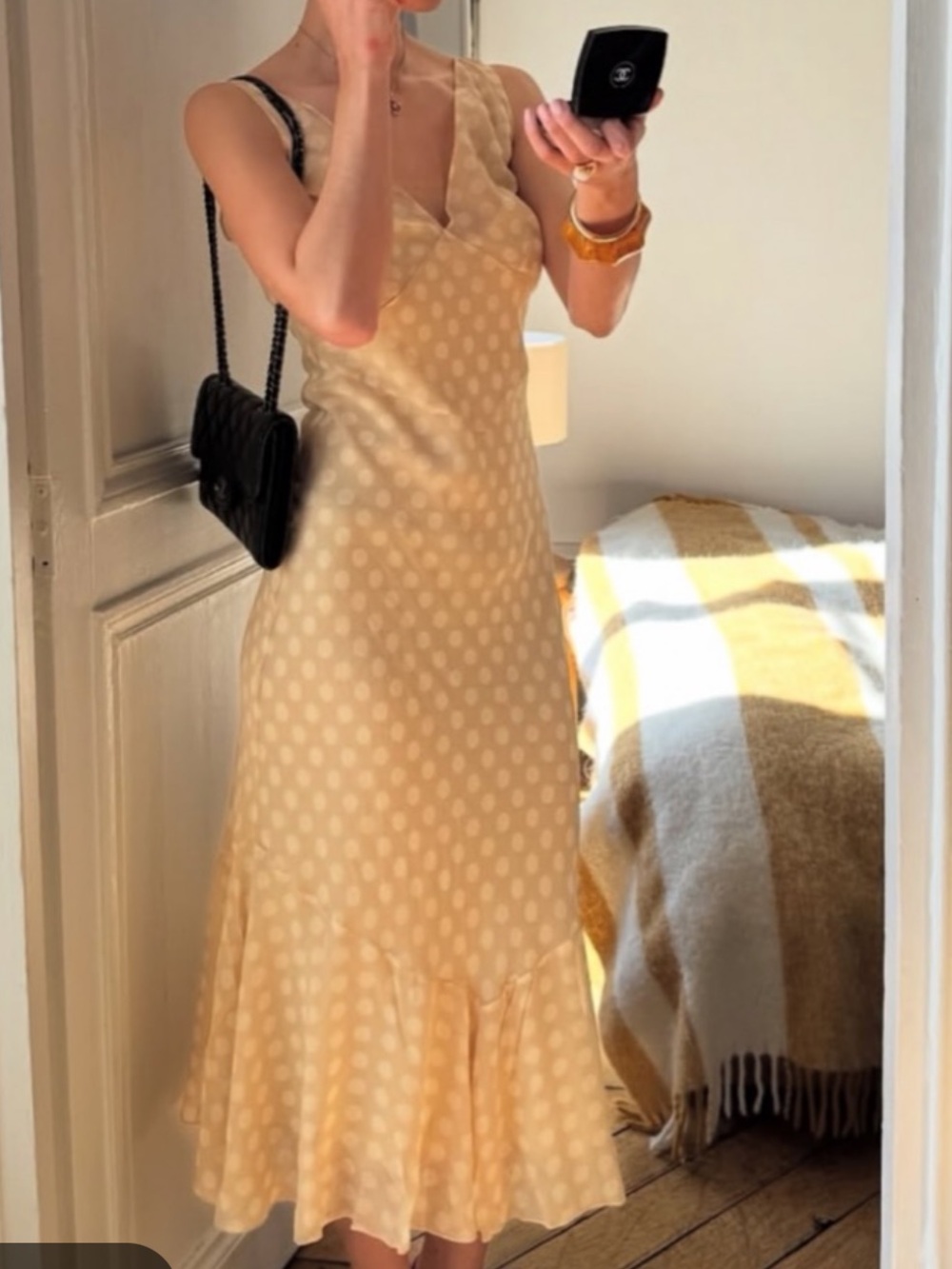 Realisation Part Silk Beige Polka Dot V-Neck Slip Dress Dress Cleo dress Honey - Picture 10 of 11